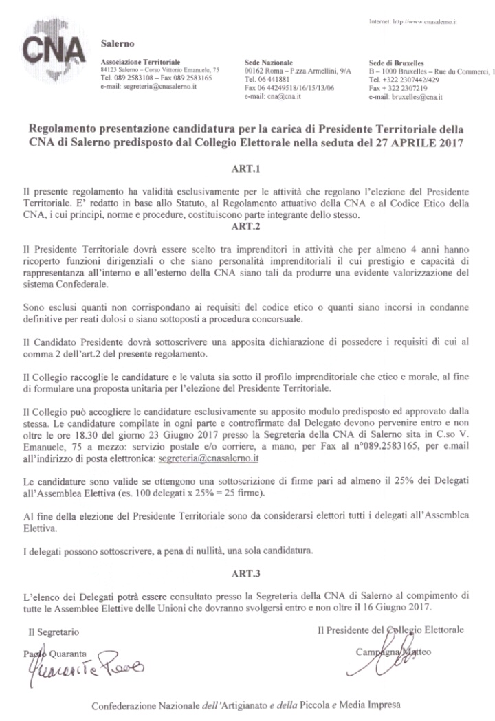 Regolamento presentazione candidature